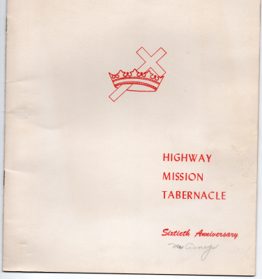 Front cover: cross and crown logo with text: "Highway Mission Tabernacle Sixtieth Anniversary"