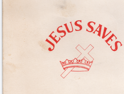 Back cover: Cross and Crown with text "Jesus Saves"