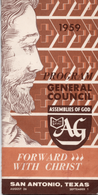 Front cover: Portrait of Jesus with the AG Logo and text: "1959, Program General Council, Forward with Christ, San Antonio, Texas, August 26 - September 1"