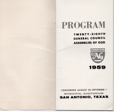 Page one: blank, Page two: "Program Twenty-Eighth General Council Assemblies of God 1959 Convening August 26-September 1 Municipal Auditorium San Antonio, Texas"