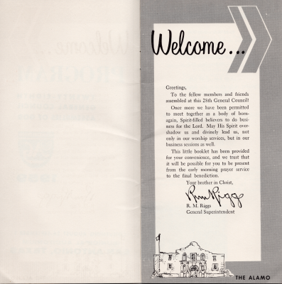 Page three: blank, Page four: welcome letter from General Superintendent, R. M. Riggs