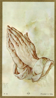 Front side of a funeral card displaying Jesus' hands