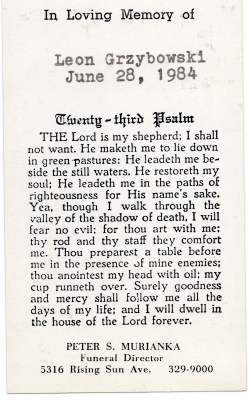 Back side of a funeral card remembering the passing of Leon Grzybowski in 1984
