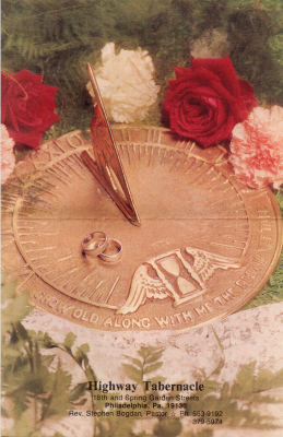 Bulletin cover with contact information for the church and an image of roses arouynd a clock with two wedding rings reading "Grow old along with me the best is yet to come"