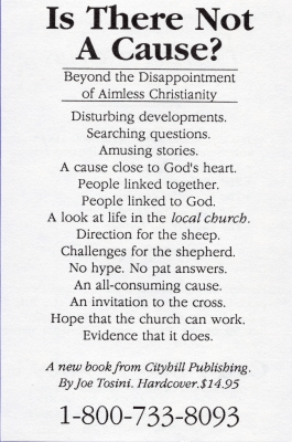 Advertisement for book "Is There Not a Cause? Beyond the Disappointment of Aimless Christianity" by Joe Tosini from Cityhill Publishing