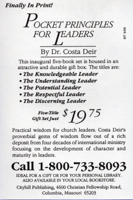 Advertisement for book "Pocket Principles for Leaders" by Dr. Costa Deir from Cityhill Publishing