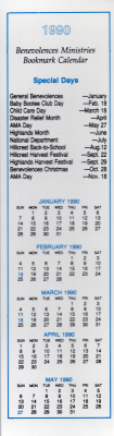 January to May 1990 calendar with significant dates to Benevolences Ministries