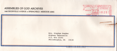 Envelope containing a letter from the AG Archives to Mrs. Bogdan