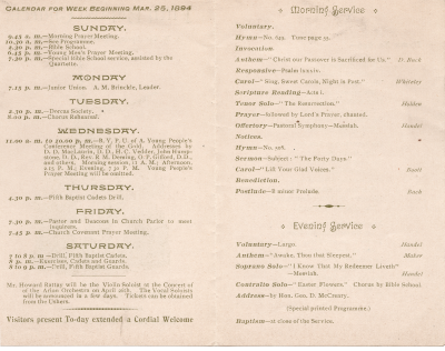 Page two: weekly church calendar, Page three: order of worship for Sunday morning and evening services