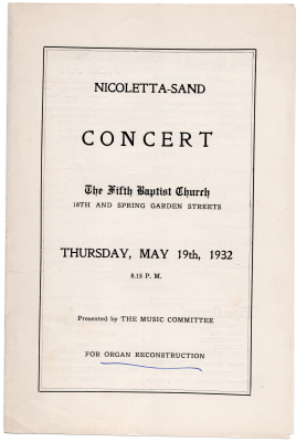 Announcement of the Nicoletta-Sand Concert for organ reconstruction presented by Fifth Baptist's Music Committee