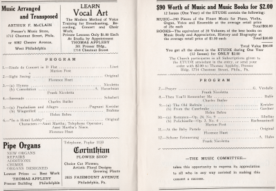 Page two: advertisements for a music store, voice training, pipe organs, and a flower shop. Show program, Page three: Music book sale advertisement, show program continued, "thank you" from the Music Committee