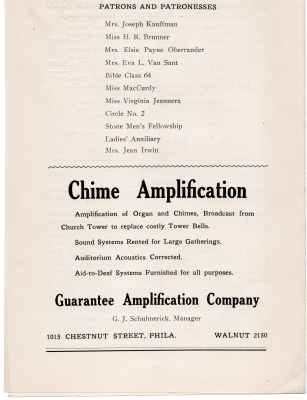 Patrons and patronesses, chime amplification company advertisement