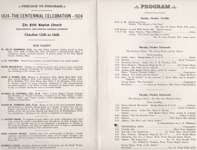Page two: "Preface to Program" that introduces the "talent" for the church, Page three: program for Sunday Oct. 12, program for Monday Oct. 13 with a theme of "The Young People and the Church," program for Tuesday Oct. 14 with a theme of "Our Past One Hundred Years"