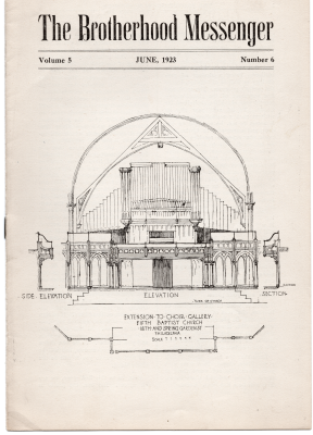 The Brotherhood Messenger Vol. 5 No. 6 with an illustration of an extension of the Choir Gallery at 18th and Spring Garden streets