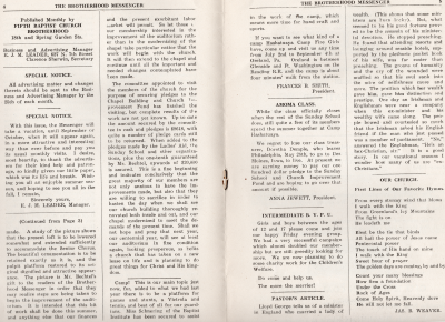 Letter from publication manager, letter from president continued, notes about Amoma class and youth fellowship, pastor's article, poem about the church