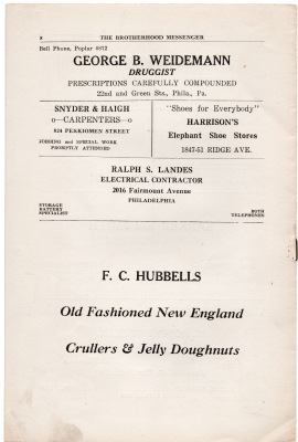 Advertisements for a druggist, carpenters, shoe stores, a contractor, and a doughnut baker