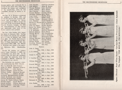 List of Fifth Baptist's original congregation and a list of its pastors. A photograph of "The Royal Trumpeters"