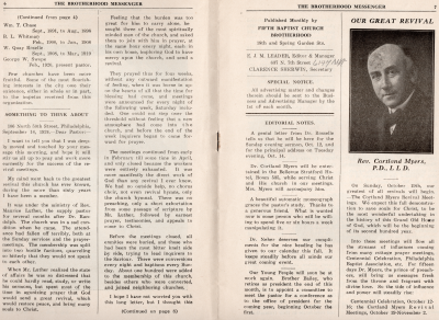 Continuation of pastors list, letter from Clementine Callet, editorial notes, biography of Rev. Myers