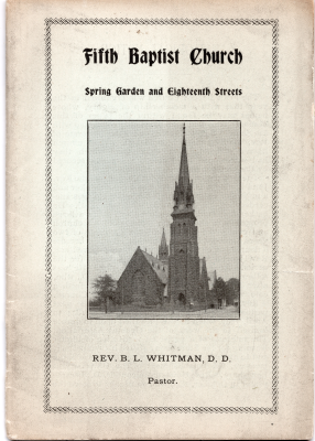 Fifth Baptist church name, church cross streets, image of the church building, Pastor Whitman