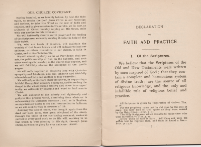 Church covenant; Declaration of Faith and Practice of the scriptures