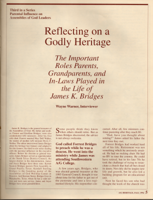 Article: "Reflecting on a Godly Heritage: The Important Roles Parents, Grandparents, and In-Laws Played in the Life of James K. Bridges"