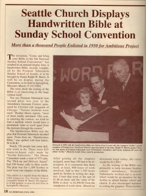 Article: "Seattle Church Displays Handwritten Bible at Sunday School Convention"