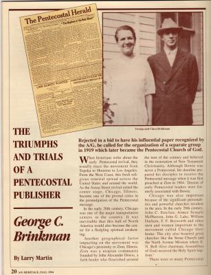 Article: "The Triumphs and Trials of a Pentecostal Publisher: George C. Brinkman"