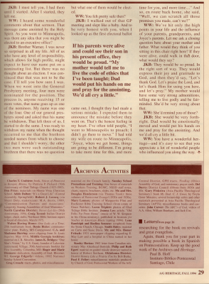 Article: "Reflecting on a Godly Heritage: The Important Roles Parents, Grandparents, and In-Laws Played in the Life of James K. Bridges"; Archive Activities; Continuation of Messages from Readers