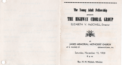 Program from Highway's Choir Performance from the Young Adult Fellowship at James Memorial Methodist Church in Germantown, PA 