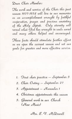 Letter from choir director, Elizabeth McDowell, to each choir member celebrating the end of the 1957-1958 season and sharing upcoming dates for the 1959-1958 choir season