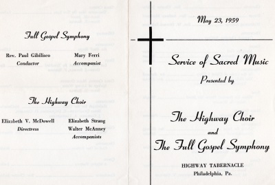 Program for the service featuring the Highway Choir and Full Gospel Symphony at Highway Tabernacle (19th and Green streets)