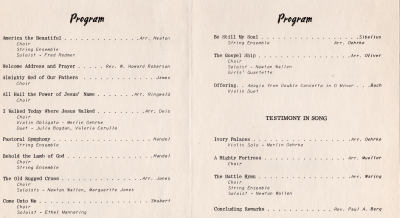 Program for the Service of Sacred Music with the Highway Choir and a guest string ensemble