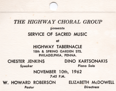 Ticket to attend the Service featuring the Highway Choir, a speech from Chester Jenkins, and a piano solo from Dino Kartsonakis