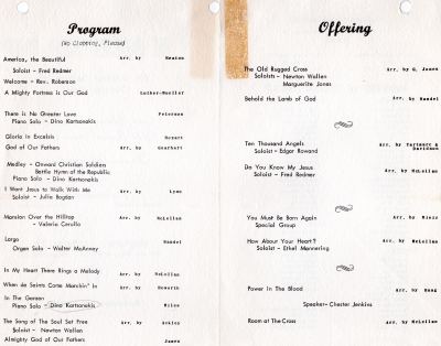 Program for the Service at Highway Tabernacle (18th and Spring Garden streets) listing each performance, and the members of the choir