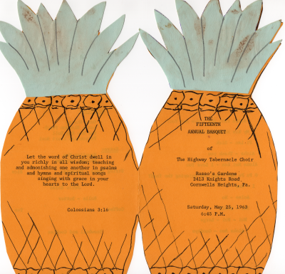 Cover page with event title, event address, and event date; Back cover with Colossians 3:16
