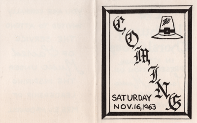 Cover: Title, "coming," with an illustration of a pilgrim hat, and the event date