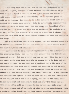 Letter complimenting the quality of Highway's choir from The Grace Baptist Church in Ambler, Pennsylvania. The letter is potentially written by the pastor, Burton C. Murdock, based on the letterhead.
