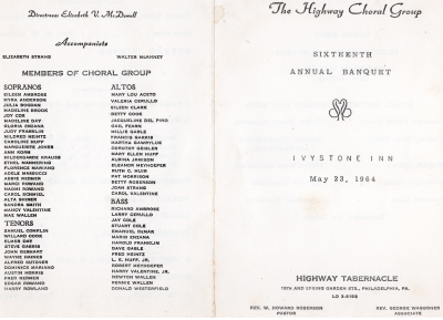 Front cover: Banquet title, location, date, and church information; Back cover: Members of the choir and their roles
