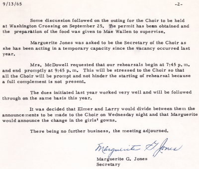 Documented discussion of issues brought up with the choir's executive committee noted by secretary Marguerite Jones