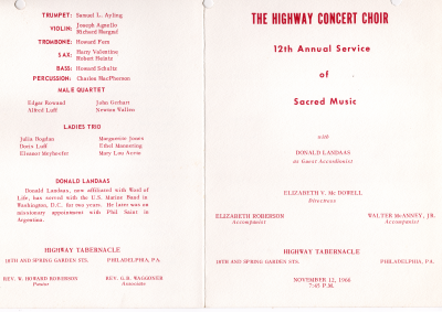 Front cover: Service title, accompanists, directress, church location, event date; Back cover: Names of perforrmers, church and church leadership information