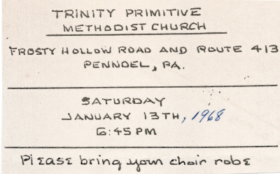 Reminder card for the choir about an upcoming performance at Trinity Primitive Methodist Church