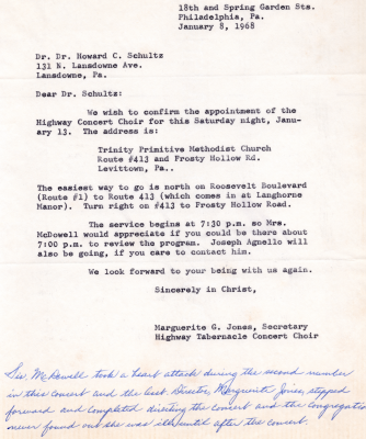 Letter to Highway Choir Secretary confirming the performance at Trinity Primitive Methodist Church; Note at the bottom states that Mrs. McDowell had a heart attack during this performance, but that Marguerite Jones was able to lead the rest of the performance without interruption