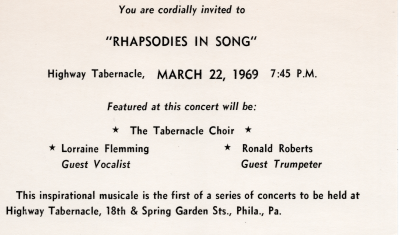 Invitation to the first of three concerts in the series with featured guests: The Tabernacle Choir, Lorraine Flemming, and Ronald Roberts