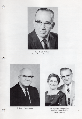 Photograph of Eastern District Superintendent, Rev. Russel Williams, Pastor, J. Wesley Clark, and Founding Pastor, Builder, and Pastor Emeritus, William Murry with his wife