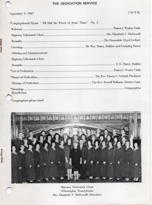 Dedication Service program featuring a performance by the Highway Choir
