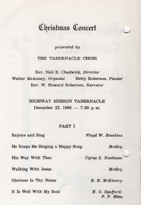 Naming the choir, director, organist, pianist, narrator, event location, and date. Part one of the order of worship