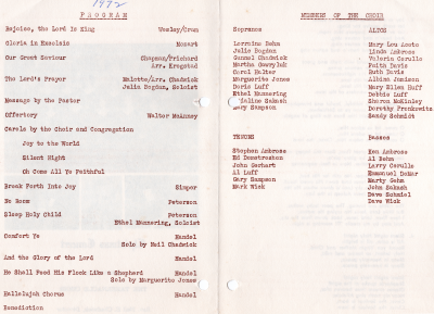 Program with the order of worship; Listed choir members