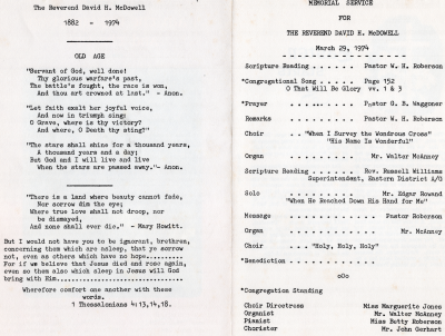 Rev. McDowell's birth and death year, a poem about old age, A quote from Mary Howitt, 1 Thessalonians 4:13,14,18; Order of Service