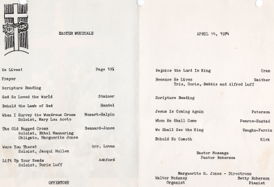 Prayer, Scripture, Order of Songs, Offertory; Order of Songs continued, Scripture Reading, Order of Songs, Message from Pastor Roberson, Acknowledgement of the choir directress, organist, and pianist