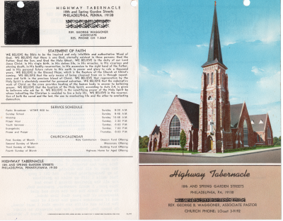 Front cover: image of Highway Tabernacle at 18th and Spring Garden Streets, church name and address, Rev. Waggoner, church phone number; Back cover: Highway contact information, Rev. Waggoner contact information, statement of faith, service schuedule, church calendar, church name and address